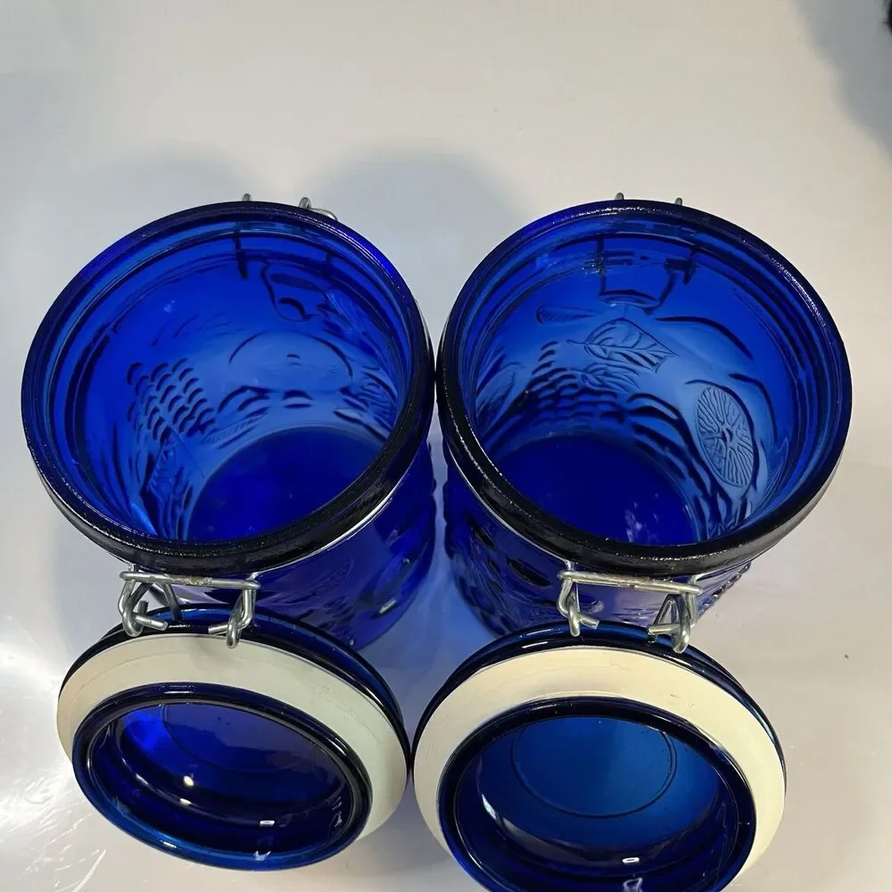 Vtg Cobalt Blue Glass Canister Jar Set (2) Hinged Wire Bail 6” Fruit Design READ